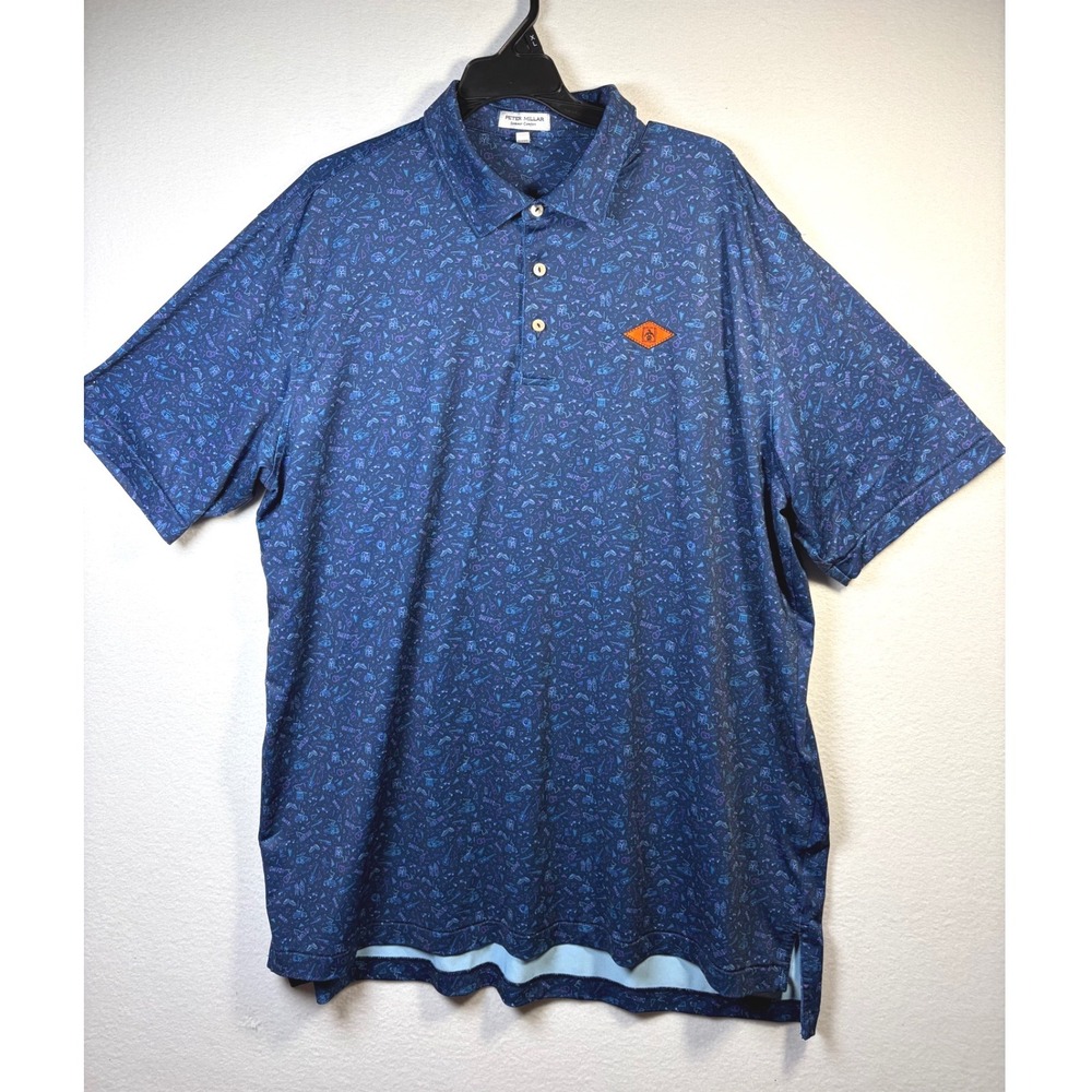 Peter Millar Polo Shirt Mens XL Blue  Retro Guitar Music,Cars,Skateboard Print